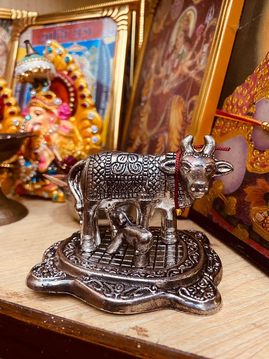 Manifested Decor Silver Oxidised Silver Finished Cow & Calf Figurine Idol for Home Decorative/Office/Gifting/Pooja Like Brass and Metal Showpiece Statue