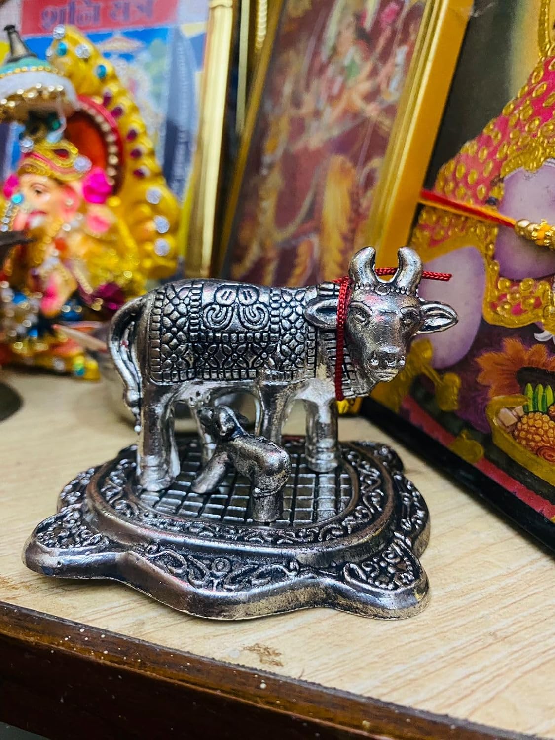 Manifested Decor Silver Oxidised Silver Finished Cow & Calf Figurine Idol for Home Decorative/Office/Gifting/Pooja Like Brass and Metal Showpiece Statue