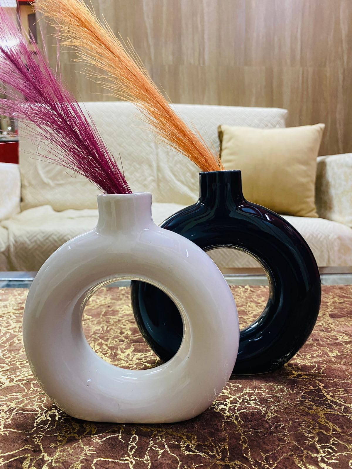 Manifested Decor - Ceramic Black White Donut Vase Combo for Home Decor, Elegant Style, Perfect for Living Room, Bedroom, Office & Wedding Decoration