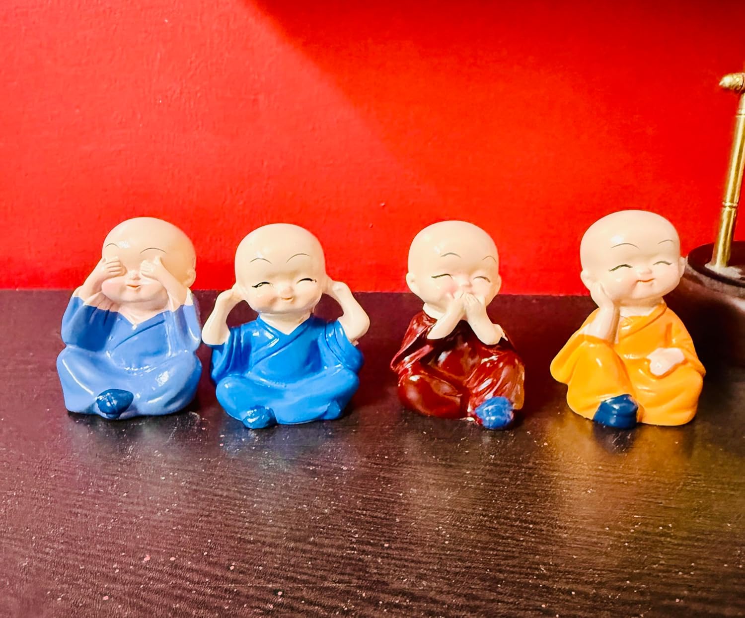 Manifested Decor - Colorful 4 Monks Buddha Figurines for Home Decor, Office, Car Dashboard, Car Accessories, Christmas, Diwali, Vaastu, Fengshui