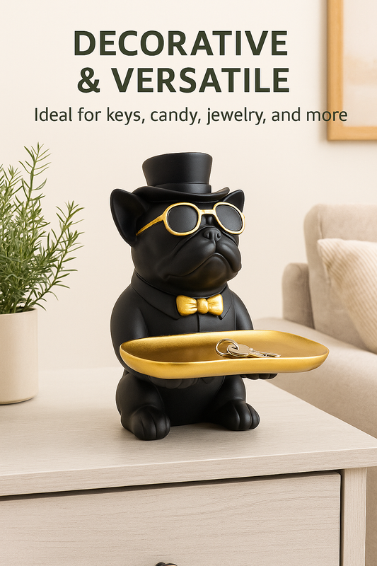 Manifested Decor Decorative French Bulldog Figurine, Gold Accents, Top Hat and Sunglasses, with Golden Tray