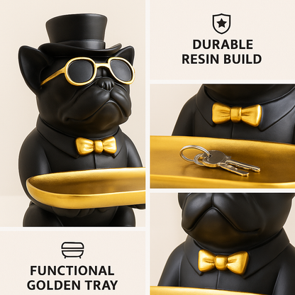 Manifested Decor Decorative French Bulldog Figurine, Gold Accents, Top Hat and Sunglasses, with Golden Tray