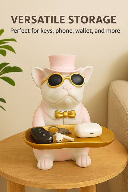 Manifested Decor Decorative French Bulldog Figurine, Gold Accents, Top Hat and Sunglasses, with Golden Tray
