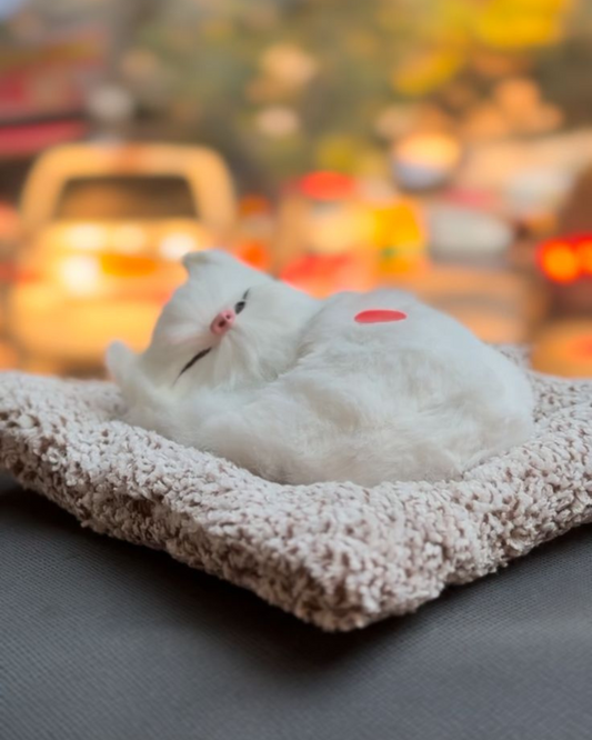 Manifested Decor Sleeping Cat Plush Toy with Press Simulation Sound, Stuffed Cat Animal Fur Soft Toys with Sound for Kids and Car Dashboard