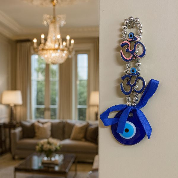 Decorative Om Evil Eye Wall Hanging with Blue Ribbon and Crystal Accents
