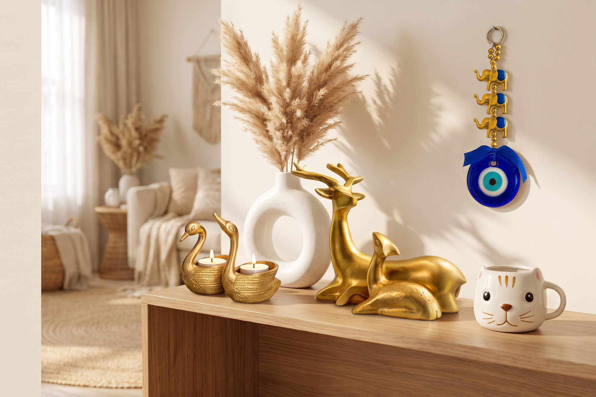 Manifested Decor – golden deer, swan tealight holders, donut vase, cat mug and evil eye hanging
