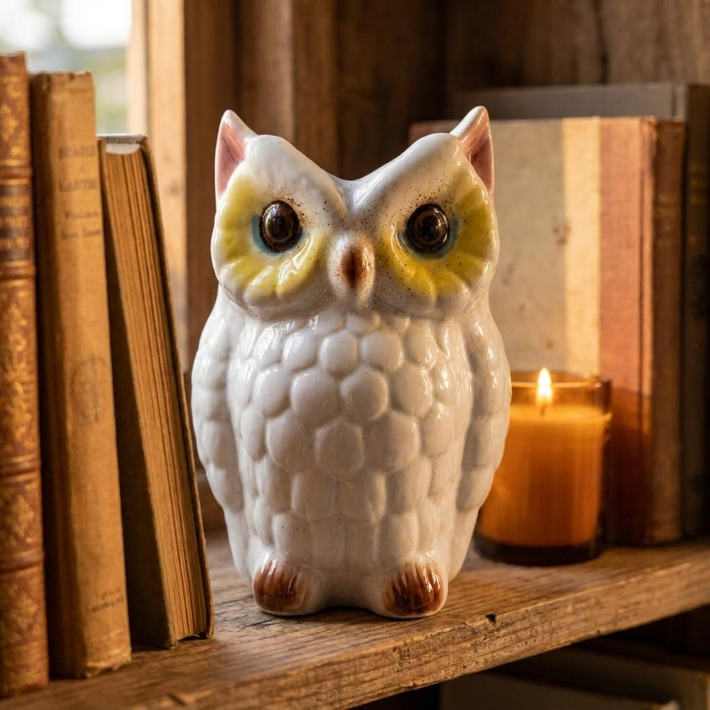 Ceramic Owl Figurine, White Glazed Decorative Showpiece – detail