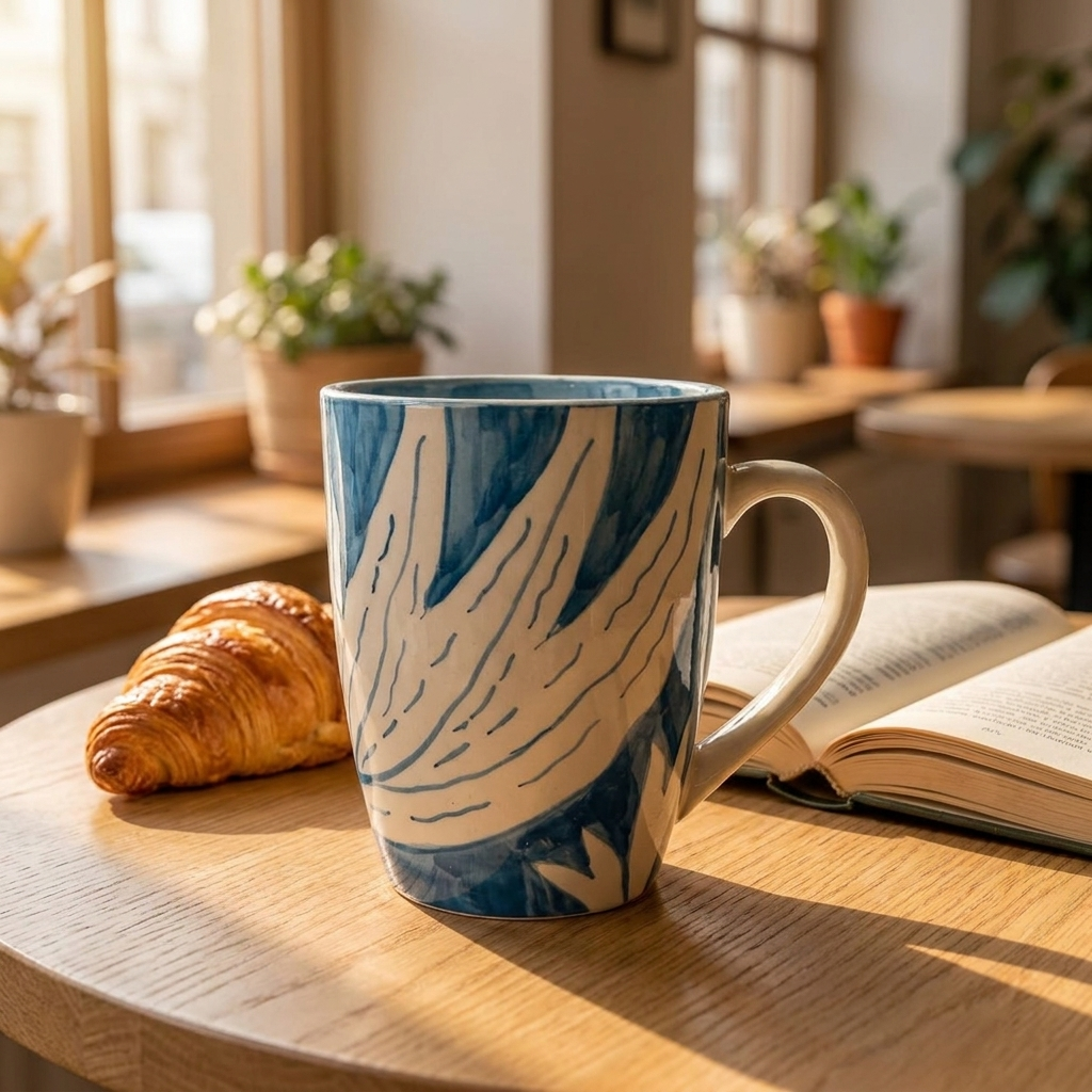 Ceramic Coffee Mug with Blue and White Marble Swirl Design – lifestyle