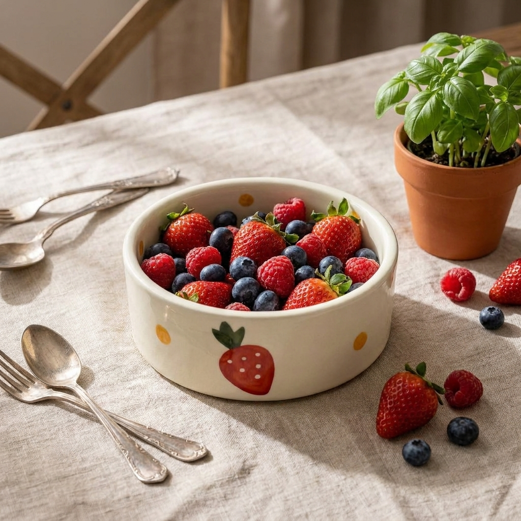 Ceramic Bowl with Hand-Painted Strawberry Design, White – lifestyle