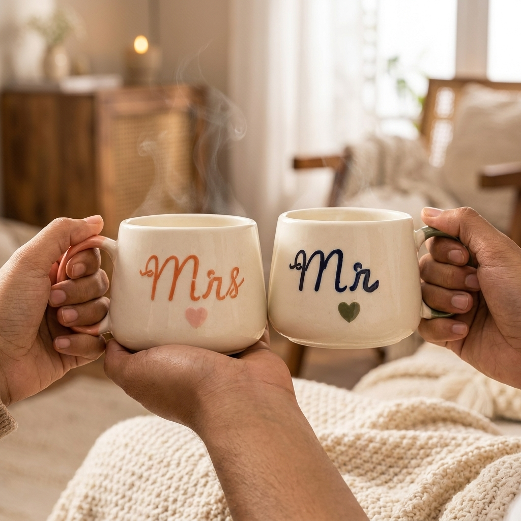 Mr and Mrs Ceramic Coffee Mug Set for Couples, Anniversary Decor – detail