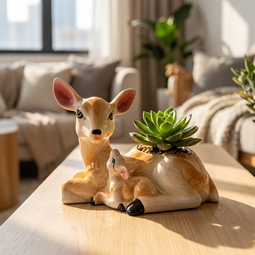 Ceramic Deer Figurine Planter, Resting Fawn Decorative Pot – lifestyle