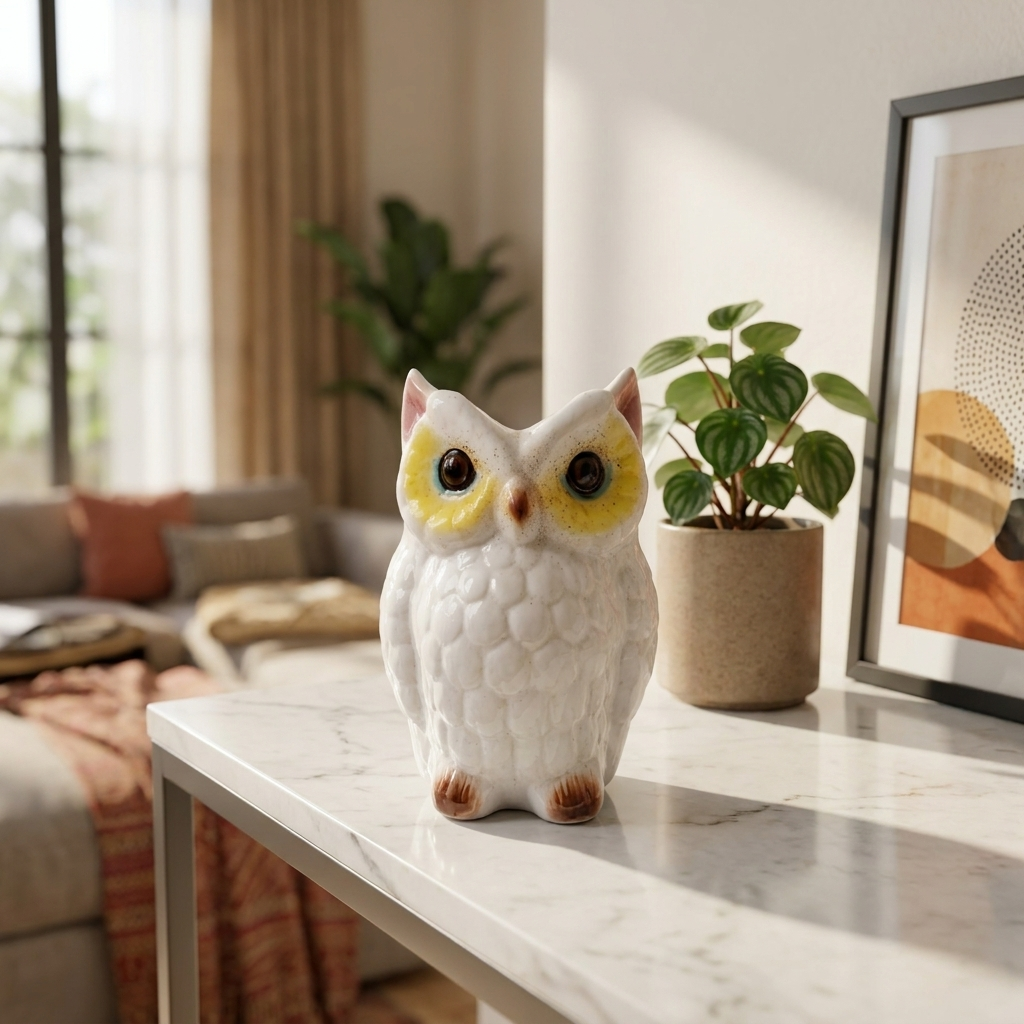 Ceramic Owl Figurine, White Glazed Decorative Showpiece – lifestyle