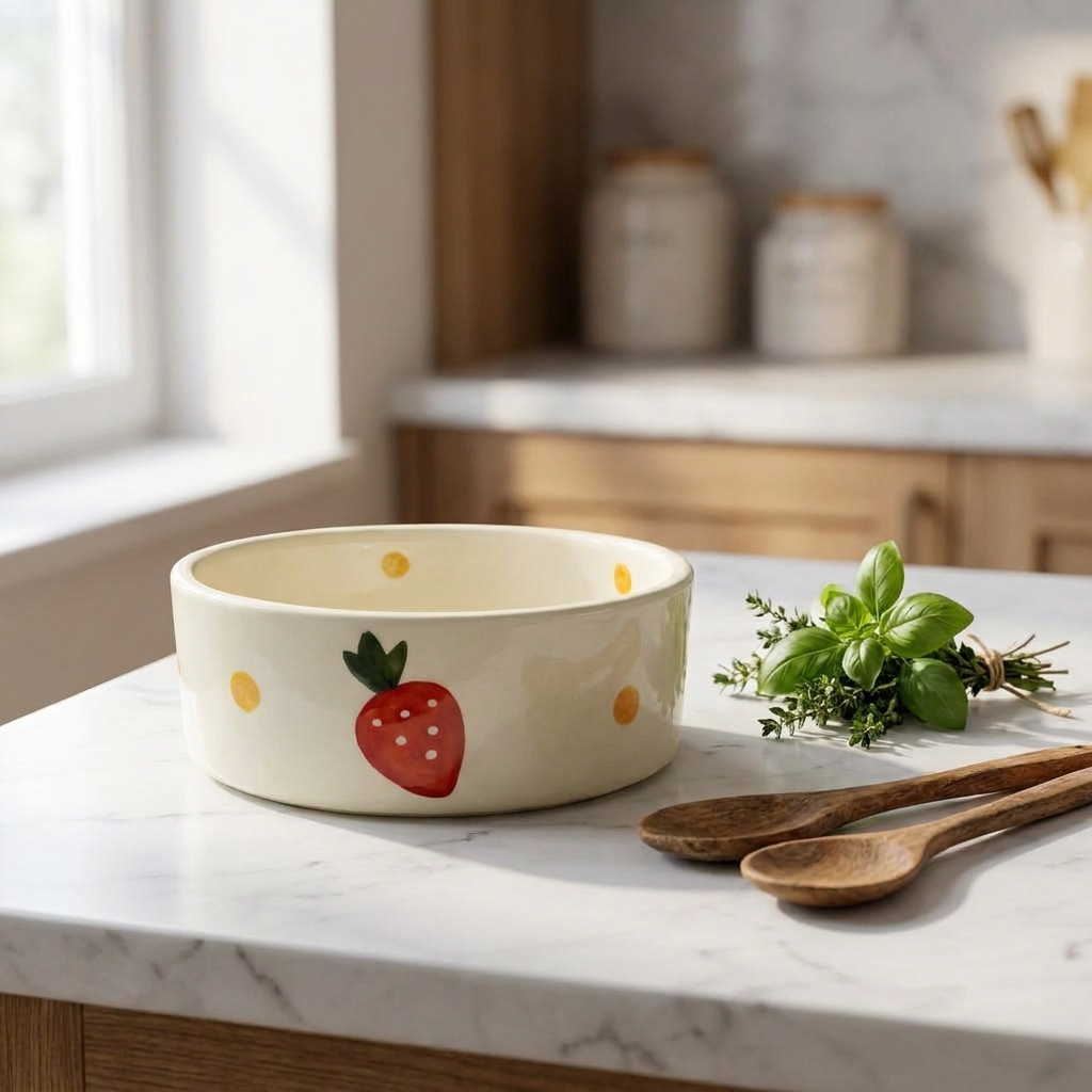 Ceramic Bowl with Hand-Painted Strawberry Design, White – detail