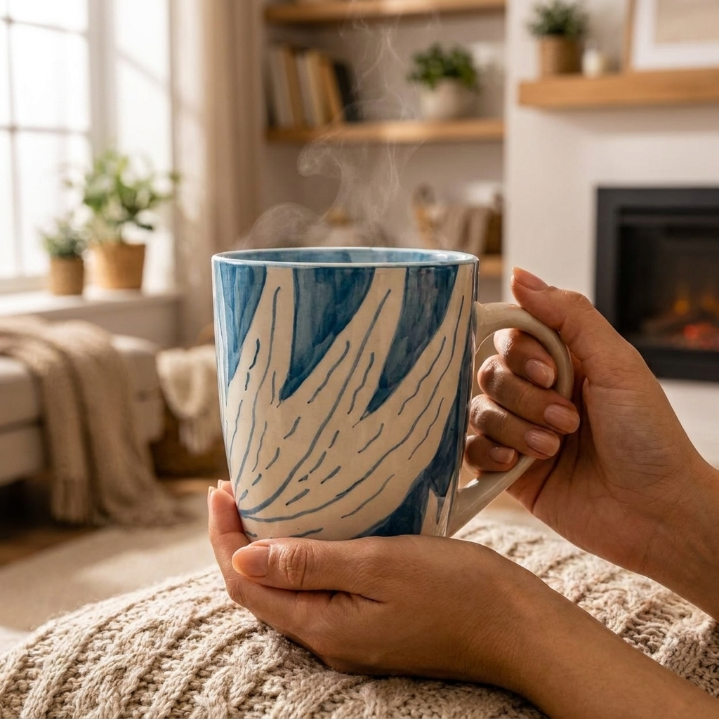 Ceramic Coffee Mug with Blue and White Marble Swirl Design – detail
