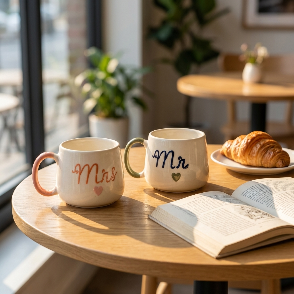 Mr and Mrs Ceramic Coffee Mug Set for Couples, Anniversary Decor – lifestyle