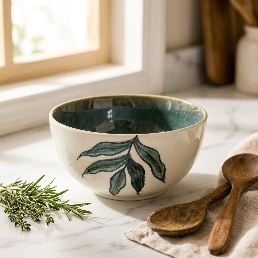 Ceramic Serving Bowl with Hand-Painted Leaf Design, Teal | Glazed Interior, Bota – detail