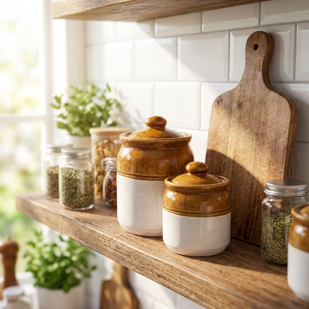 Ceramic Storage Jars with Lids, Two-Tone Brown and White, Set of 2, Kitchen Cani – lifestyle