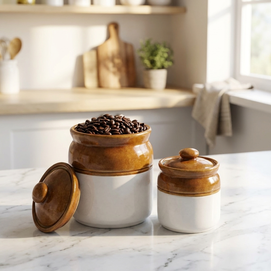 Ceramic Storage Jars with Lids, Two-Tone Brown and White, Set of 2, Kitchen Cani – detail