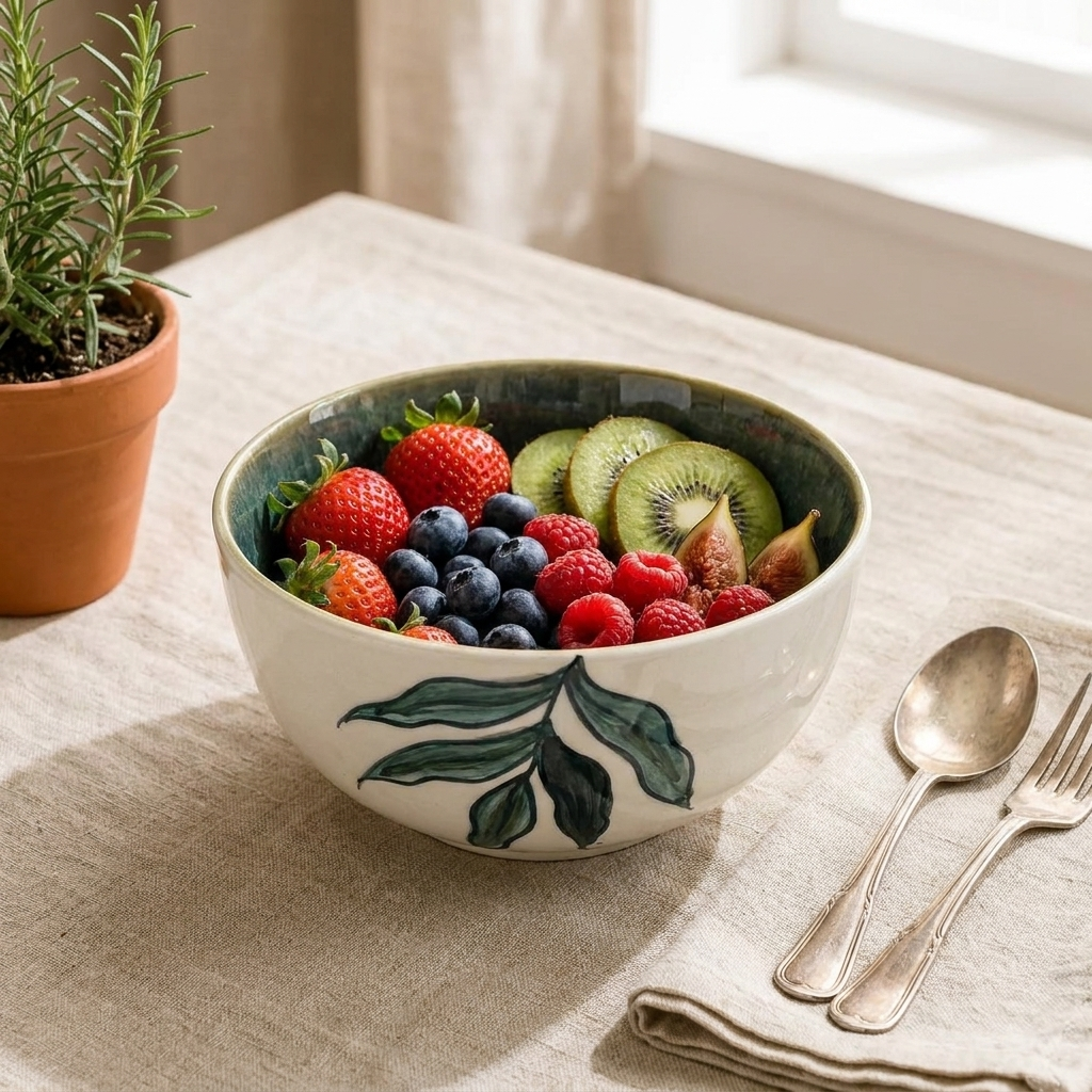 Ceramic Serving Bowl with Hand-Painted Leaf Design, Teal | Glazed Interior, Bota – lifestyle
