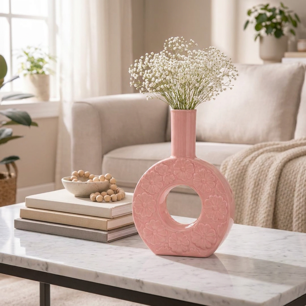 Ceramic Donut Vase, Pink, Floral Embossed, Round Shape, Boho Style, Home Decor – detail