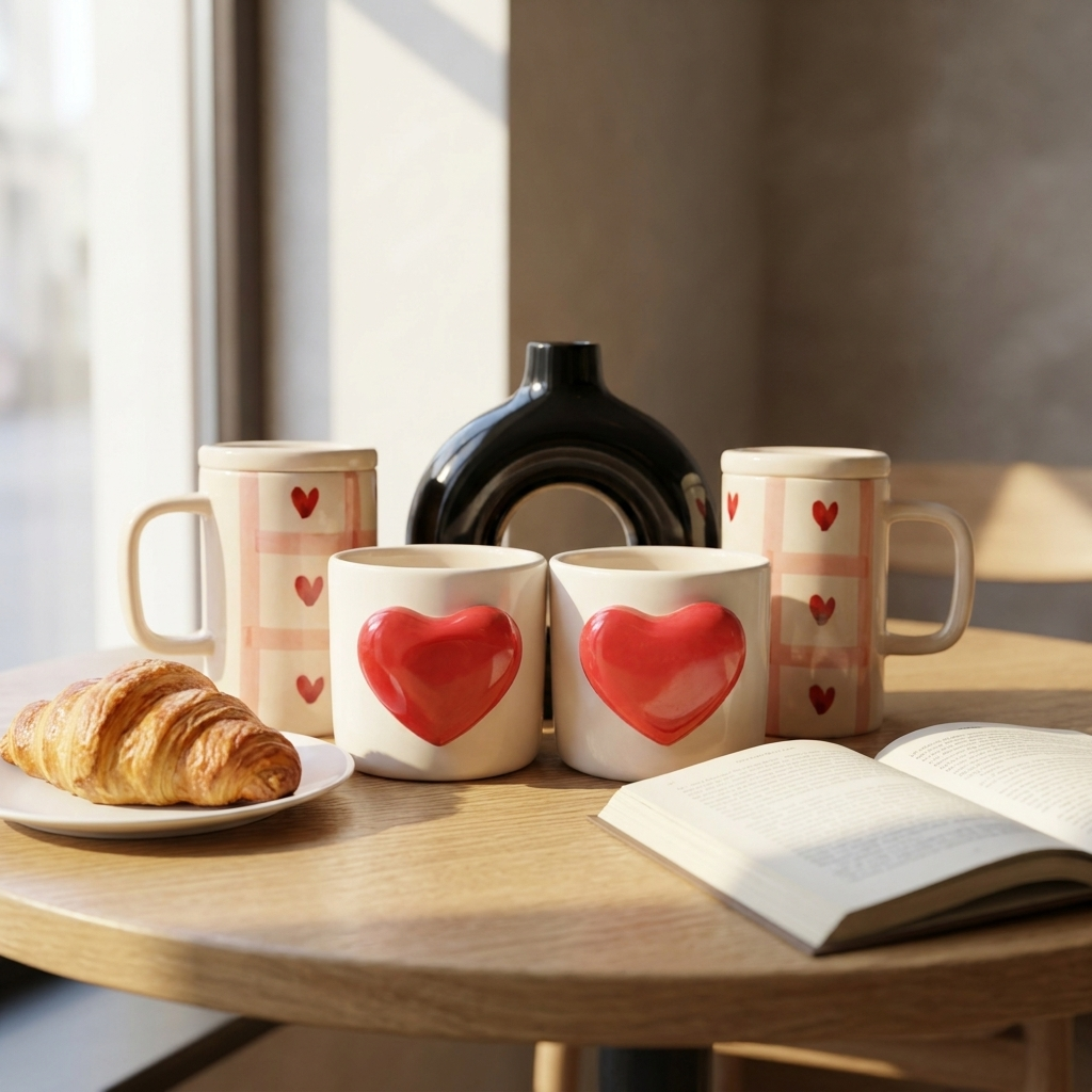 Ceramic Coffee Mug Set with Heart Design, Pink and Red, Valentine's Day Theme, I – lifestyle