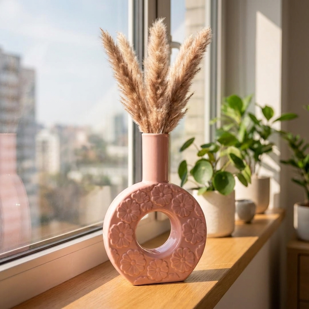 Ceramic Donut Vase, Pink, Floral Embossed, Round Shape, Boho Style, Home Decor – lifestyle