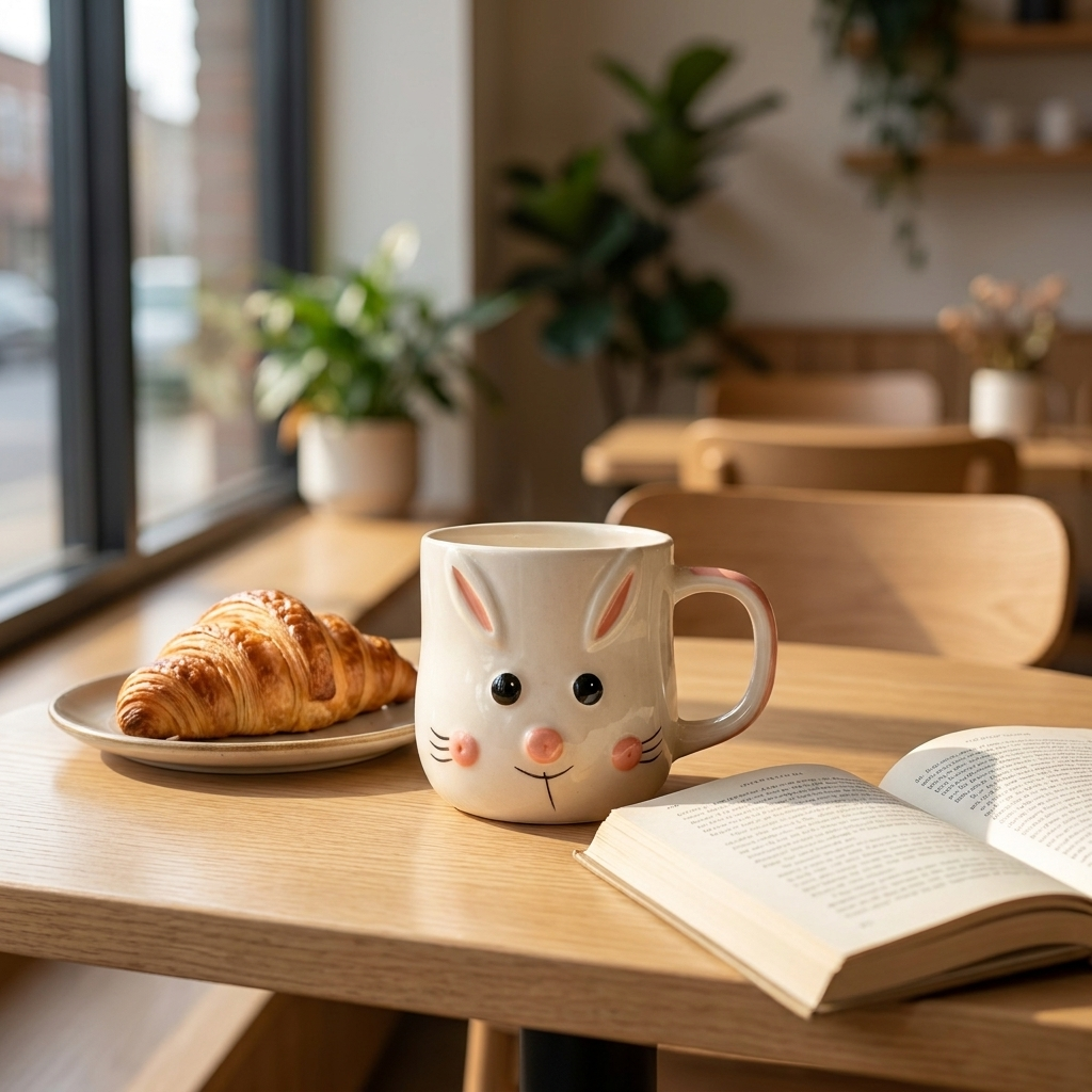 Ceramic Bunny Mug, White with Pink Accents, 3D Rabbit Face Design, Cute Animal T – lifestyle
