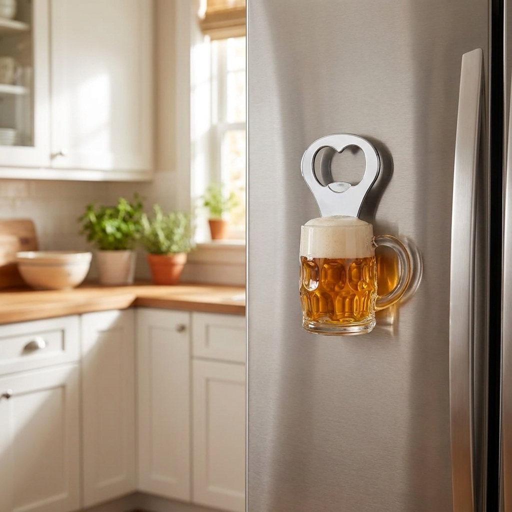 Magnetic Beer Mug Bottle Opener, Stainless Steel, Refrigerator Mount, Bar Access – lifestyle