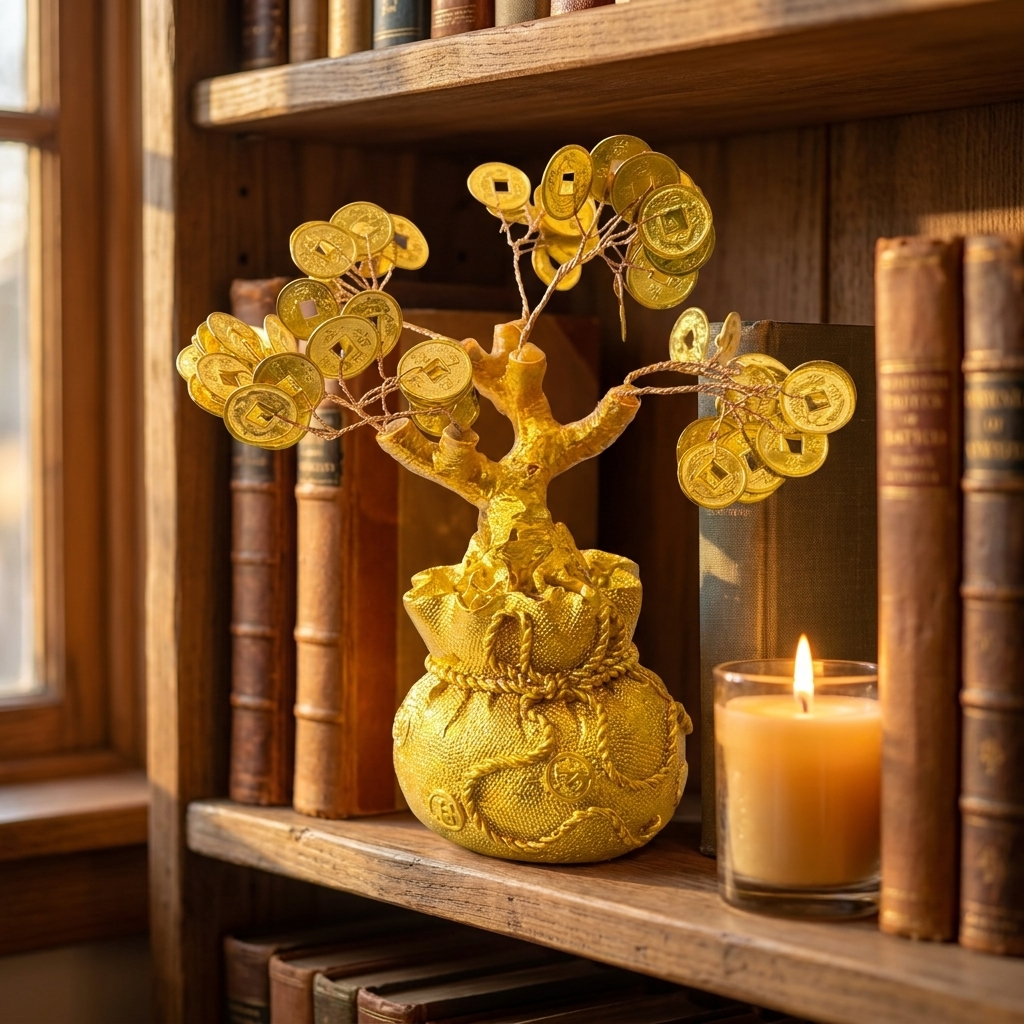 Golden Money Tree Ornament, Feng Shui Wealth Decor, Chinese Coins with Dragon Ba – detail