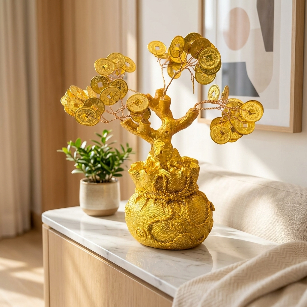 Golden Money Tree Ornament, Feng Shui Wealth Decor, Chinese Coins with Dragon Ba – lifestyle