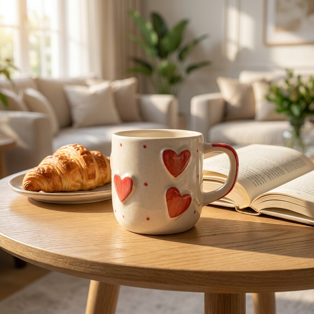 Ceramic Coffee Mug with Red Hearts, White, Hand-Painted Design, Valentine's Day  – lifestyle