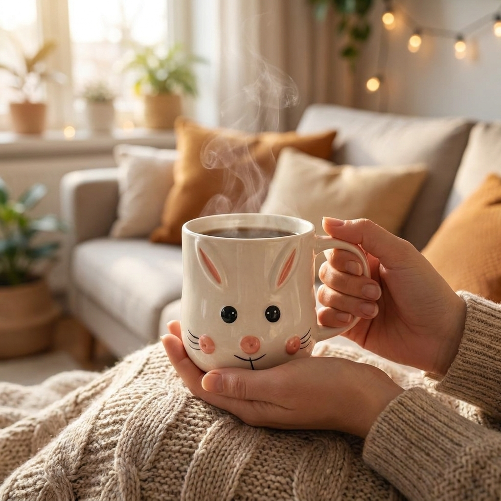 Ceramic Bunny Mug, White with Pink Accents, 3D Rabbit Face Design, Cute Animal T – detail
