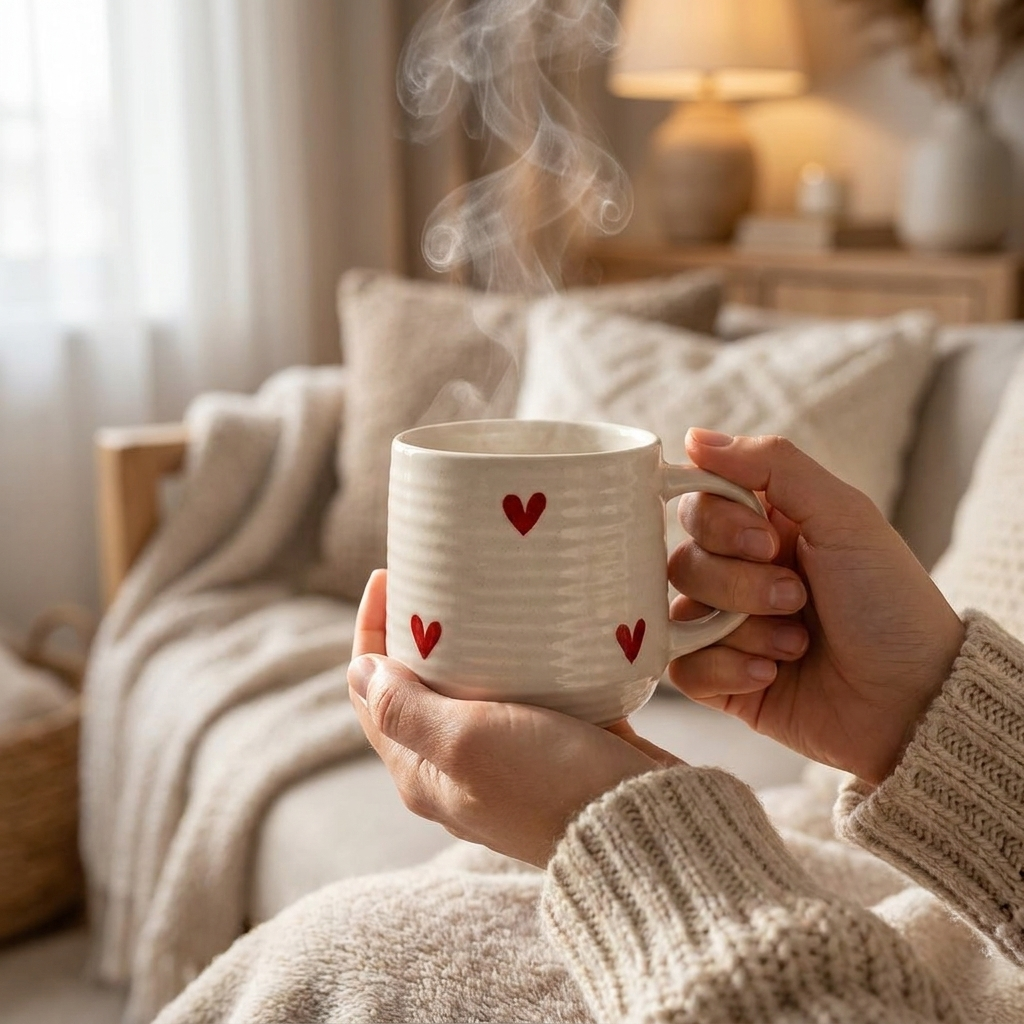 Ceramic Coffee Mug with Red Hearts, White, Ribbed Texture Design, Kitchen Drinkw – detail