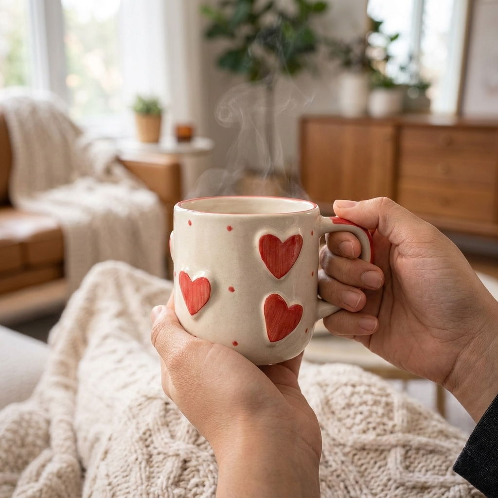 Ceramic Coffee Mug with Red Hearts, White, Hand-Painted Design, Valentine's Day  – detail