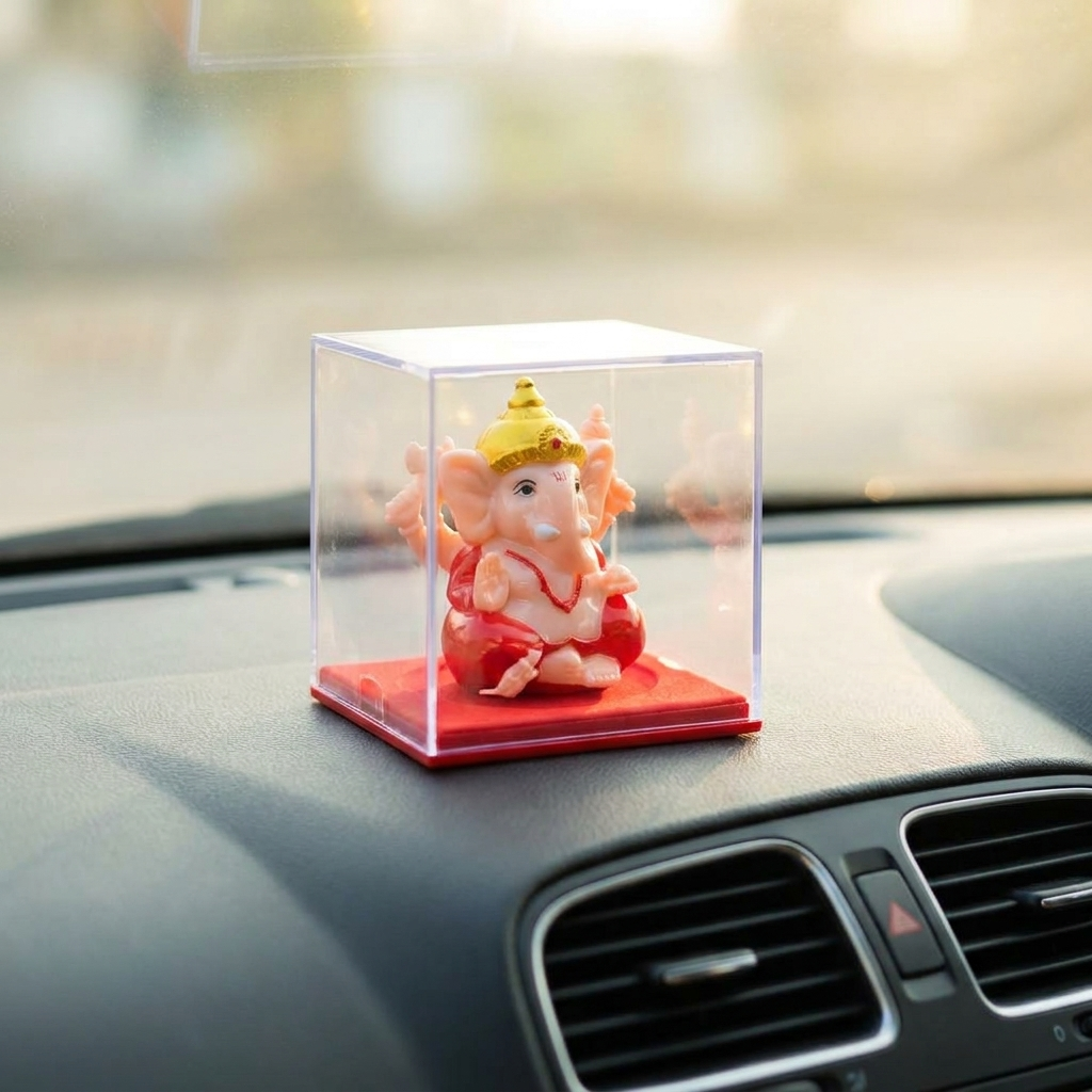 Manifested Decor Ganesh Car Dashboard Figurine, Moves Hand with Light, Pink and  – detail