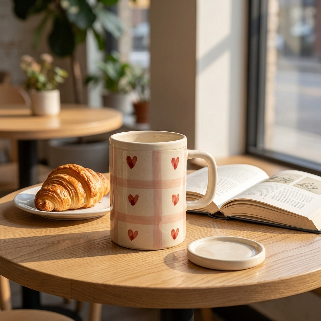 Manifested Decor Ceramic Mug with Lid, Pink Gingham Heart Pattern, Cream White,  – lifestyle