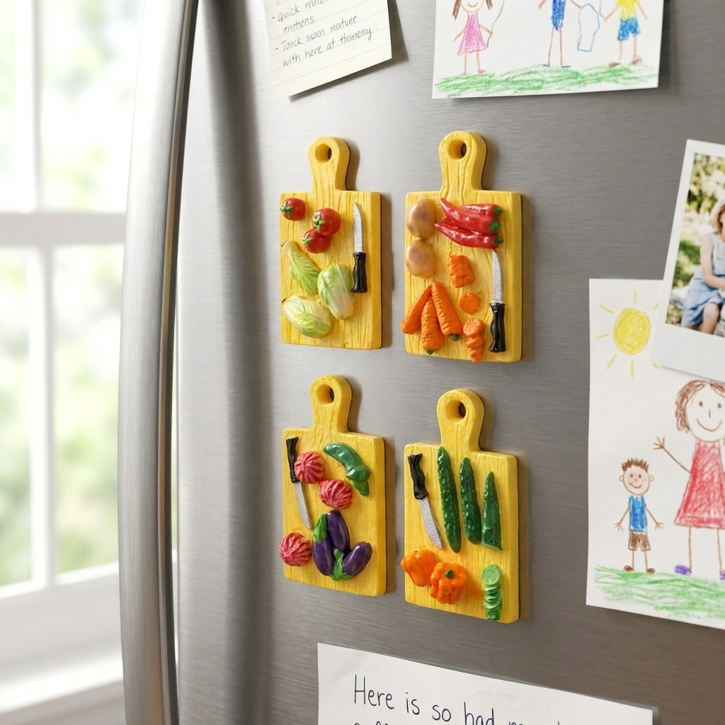 Miniature Cutting Board Magnets with Vegetables, Yellow, Kitchen Decor, Set of 4 – detail