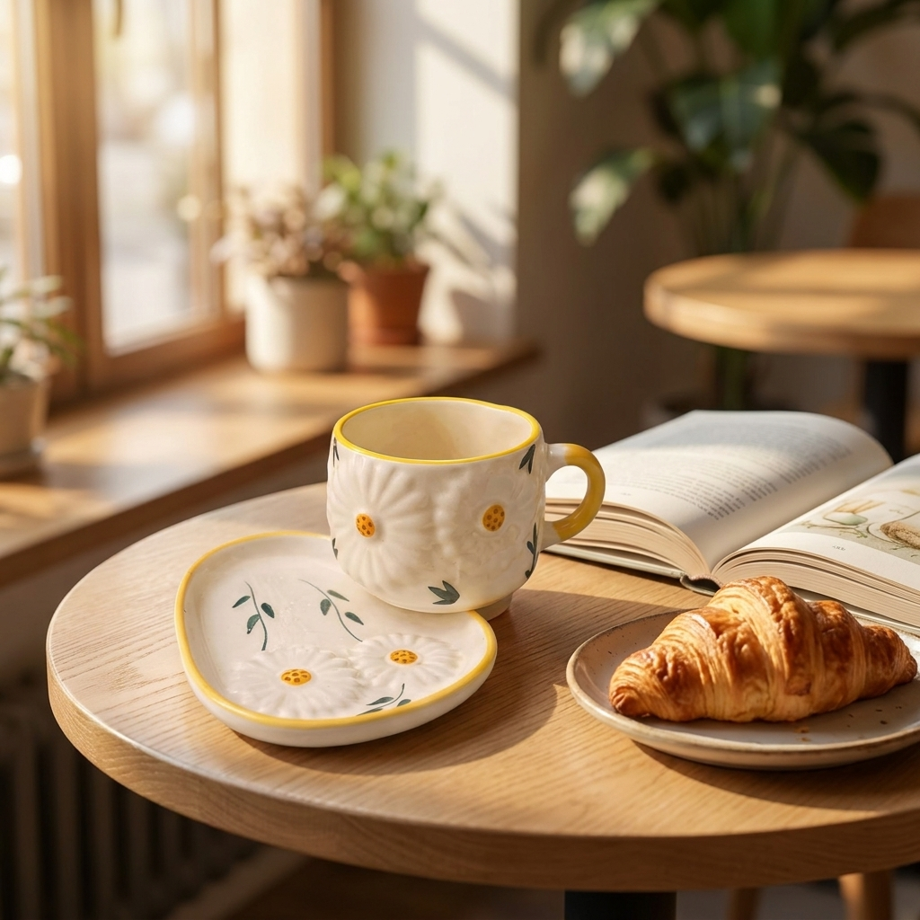 Manifested Decor Ceramic Cup and Saucer Set, White with Yellow Floral Design, Ha – lifestyle