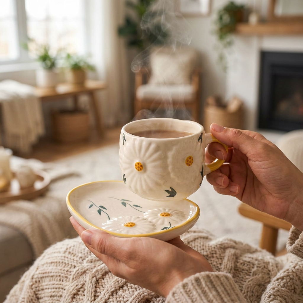 Manifested Decor Ceramic Cup and Saucer Set, White with Yellow Floral Design, Ha – detail