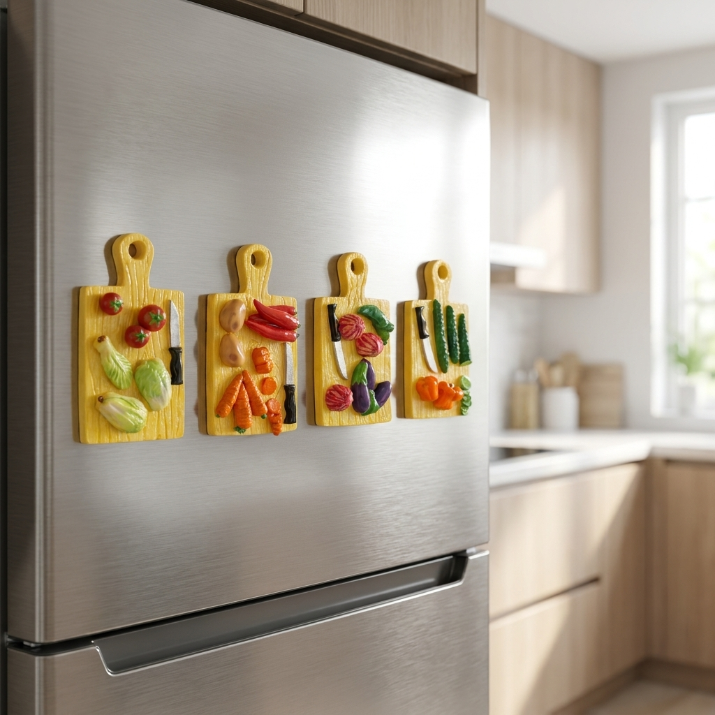 Miniature Cutting Board Magnets with Vegetables, Yellow, Kitchen Decor, Set of 4 – lifestyle