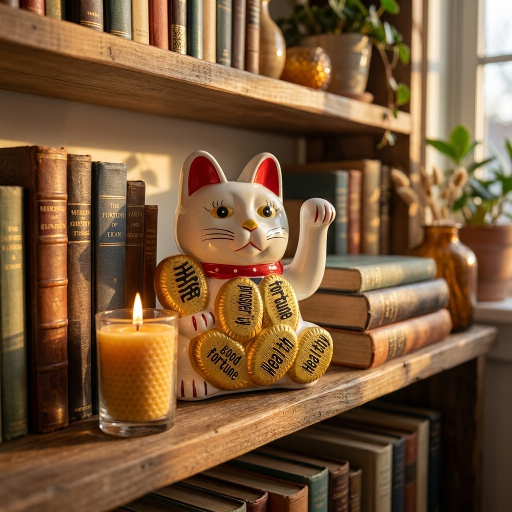 Maneki Neko Lucky Cat Figurine, White and Gold, Waving Paw, Japanese Fortune Cat – detail