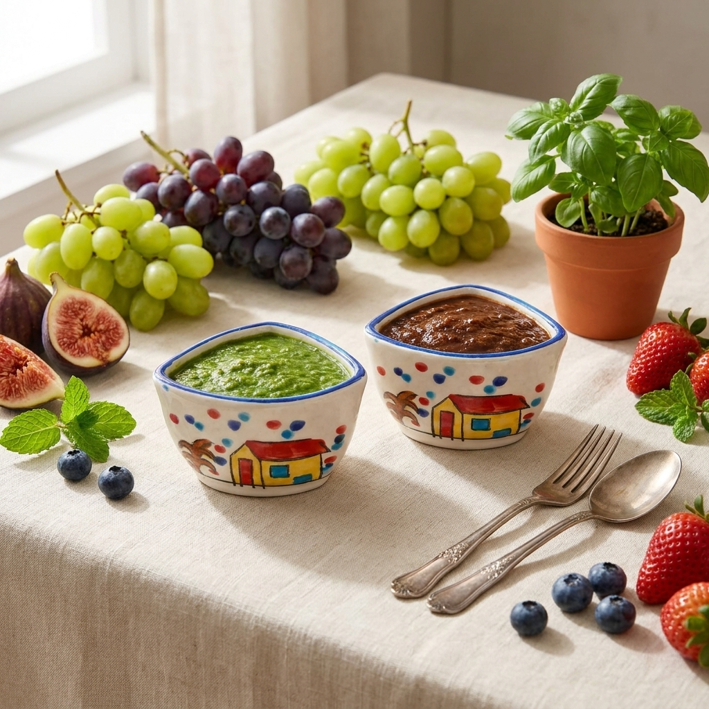 Ceramic Sauce Bowls, Hand-Painted House Design, Multicolour Polka Dots, Set of 2 – lifestyle