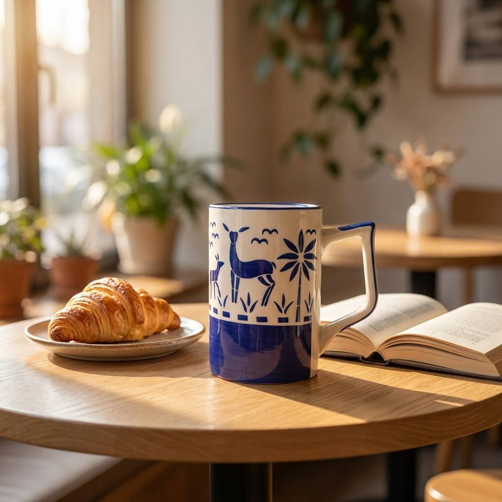 Ceramic Coffee Mug, Blue and White, Deer and Palm Tree Design, Hand Painted Styl – lifestyle