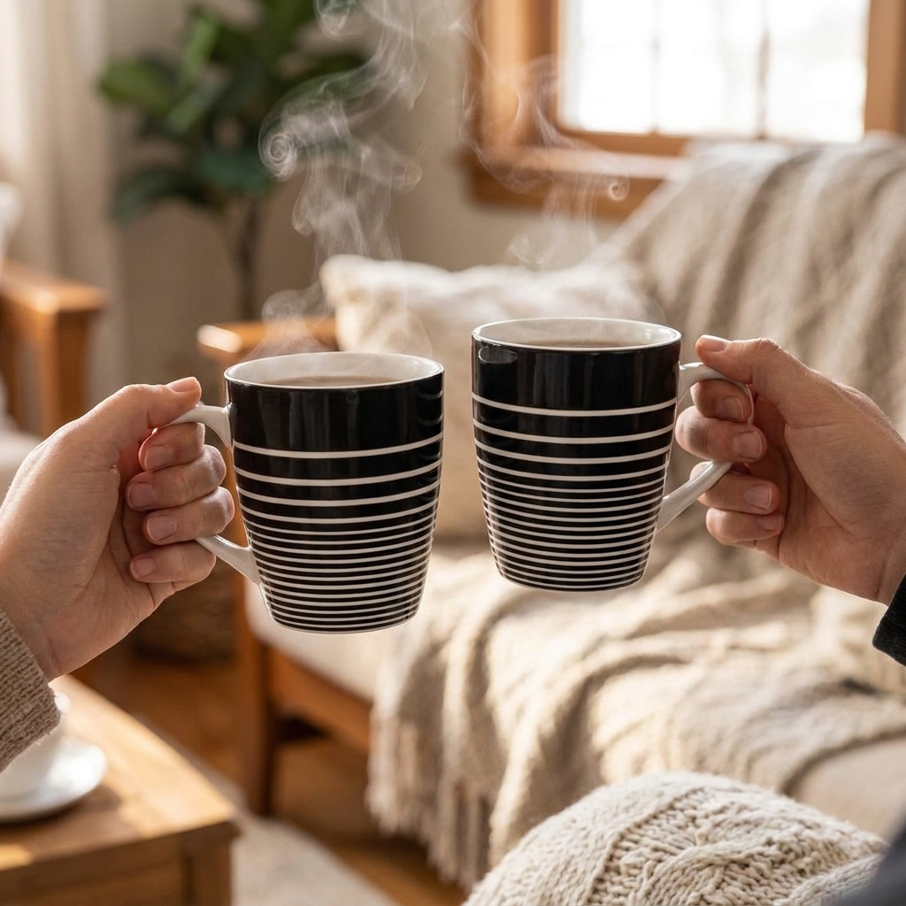Manifested Decor Ceramic Coffee Mugs Set of 2, Black and White Striped Pattern,  – detail