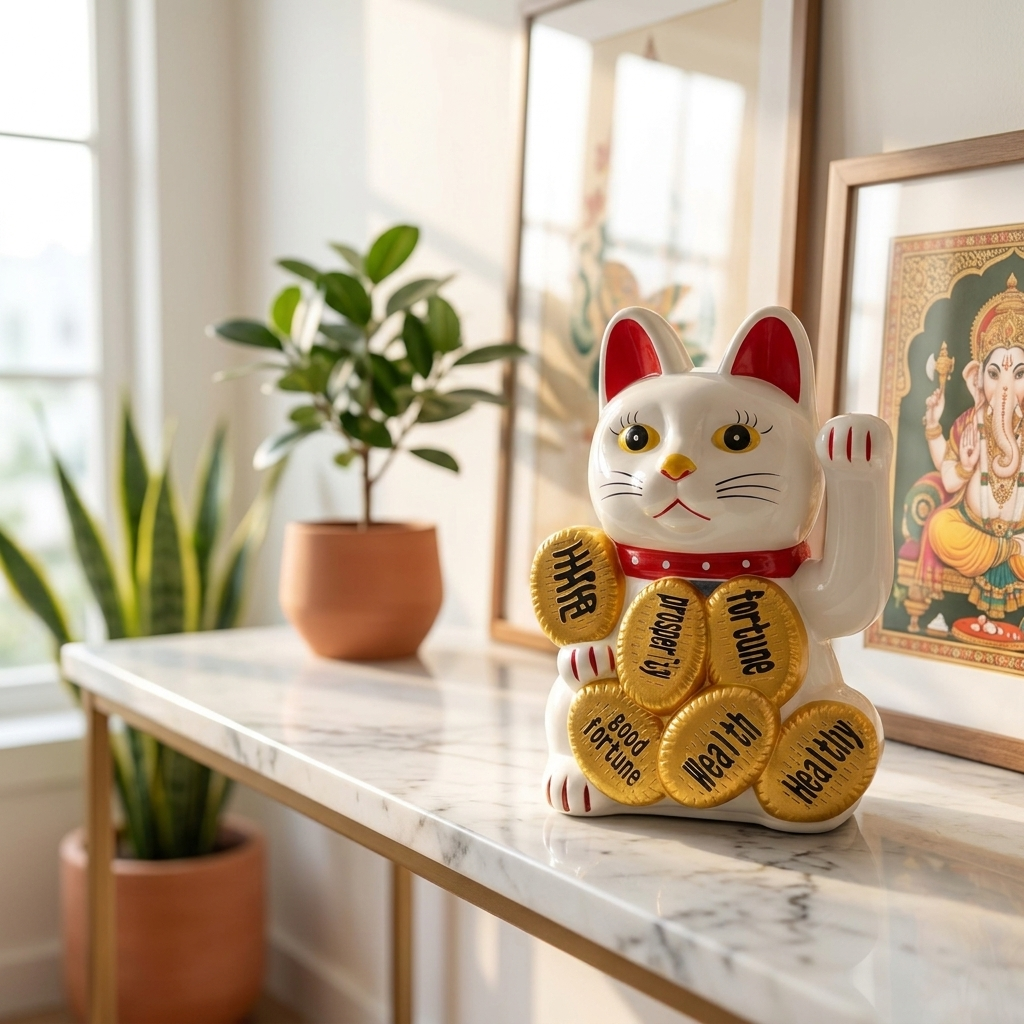 Maneki Neko Lucky Cat Figurine, White and Gold, Waving Paw, Japanese Fortune Cat – lifestyle