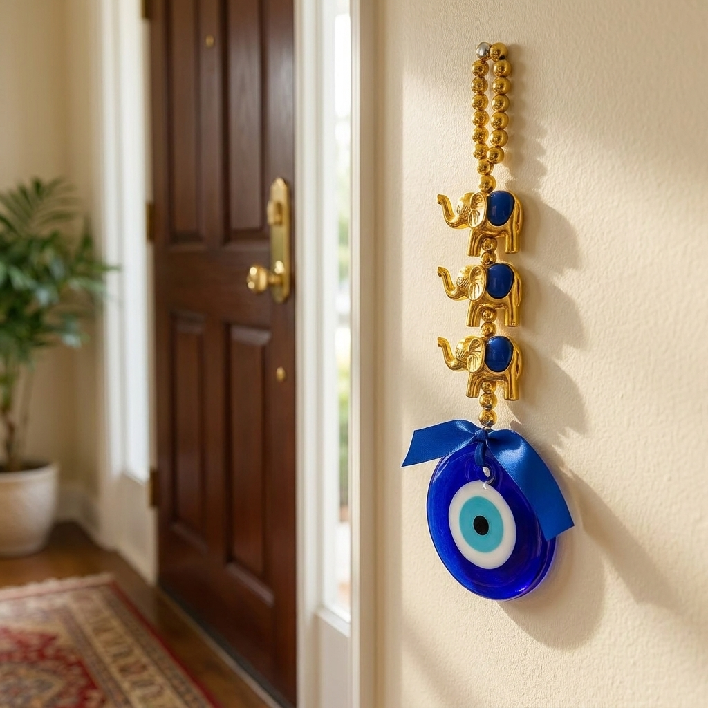 Evil Eye Wall Hanging with Gold Elephant Charm, Blue Glass Turkish Nazar Amulet, – lifestyle