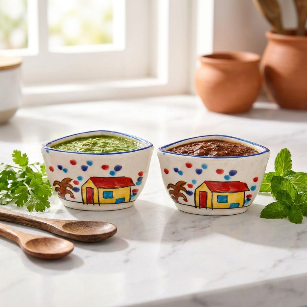 Ceramic Sauce Bowls, Hand-Painted House Design, Multicolour Polka Dots, Set of 2 – detail