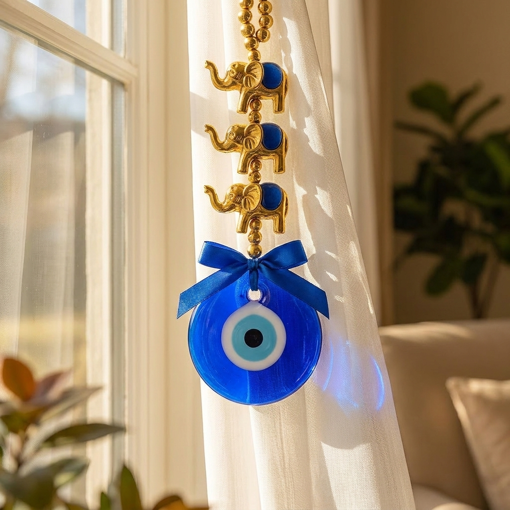 Evil Eye Wall Hanging with Gold Elephant Charm, Blue Glass Turkish Nazar Amulet, – detail