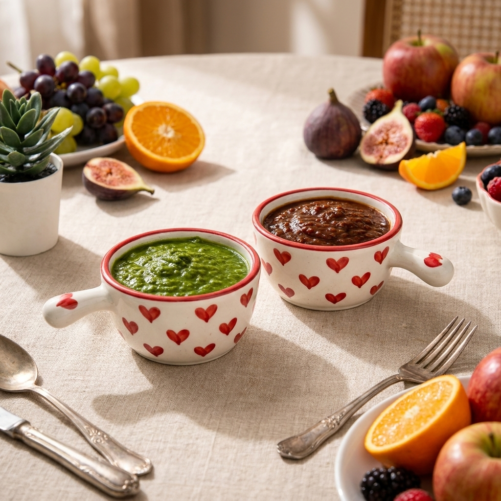 Ceramic Sauce Bowls with Handle, White with Red Heart Pattern, Set of 2, Condime – lifestyle
