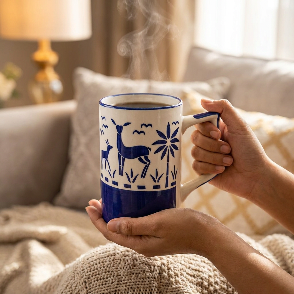 Ceramic Coffee Mug, Blue and White, Deer and Palm Tree Design, Hand Painted Styl – detail